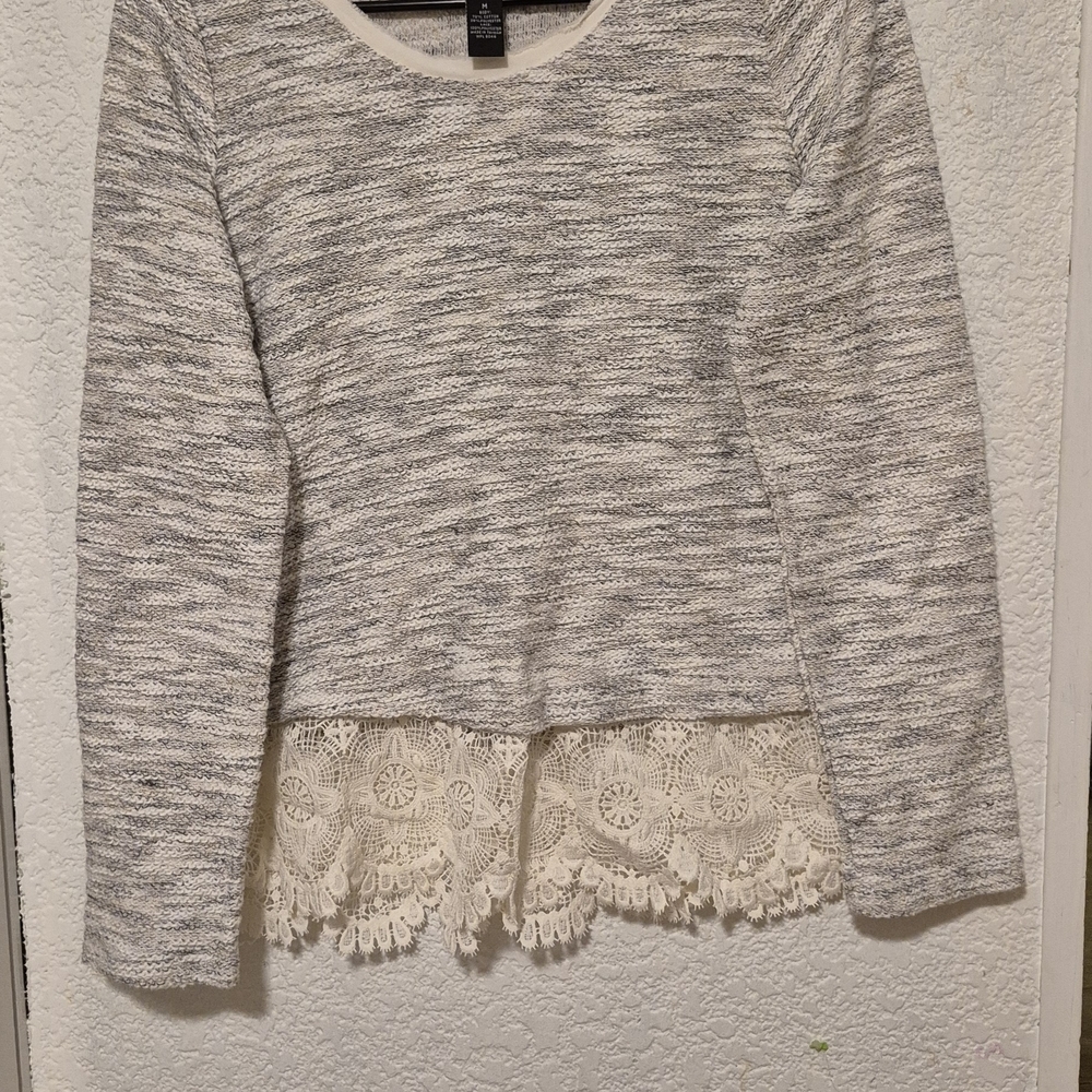 INC International Concepts Gray and Cream Lace Trim Top